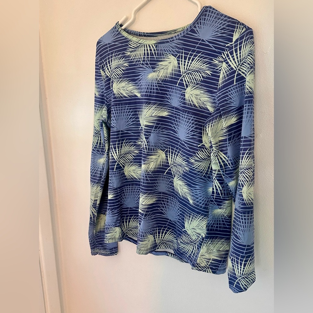 Hang Ten SPF 50 Navy and Lime Leaf Print Long Sleeve Sun Tee Rash Guard Sz M - Picture 2 of 4